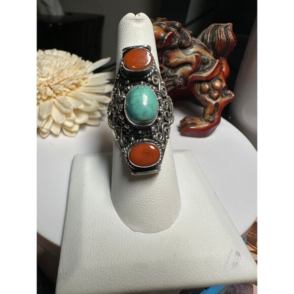 VTG Sterling Silver Red Coral Turquoise Ring - Picture 1 of 6